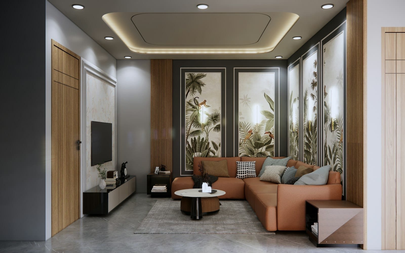 A media room arranged around a wall-mounted screen for film and music
