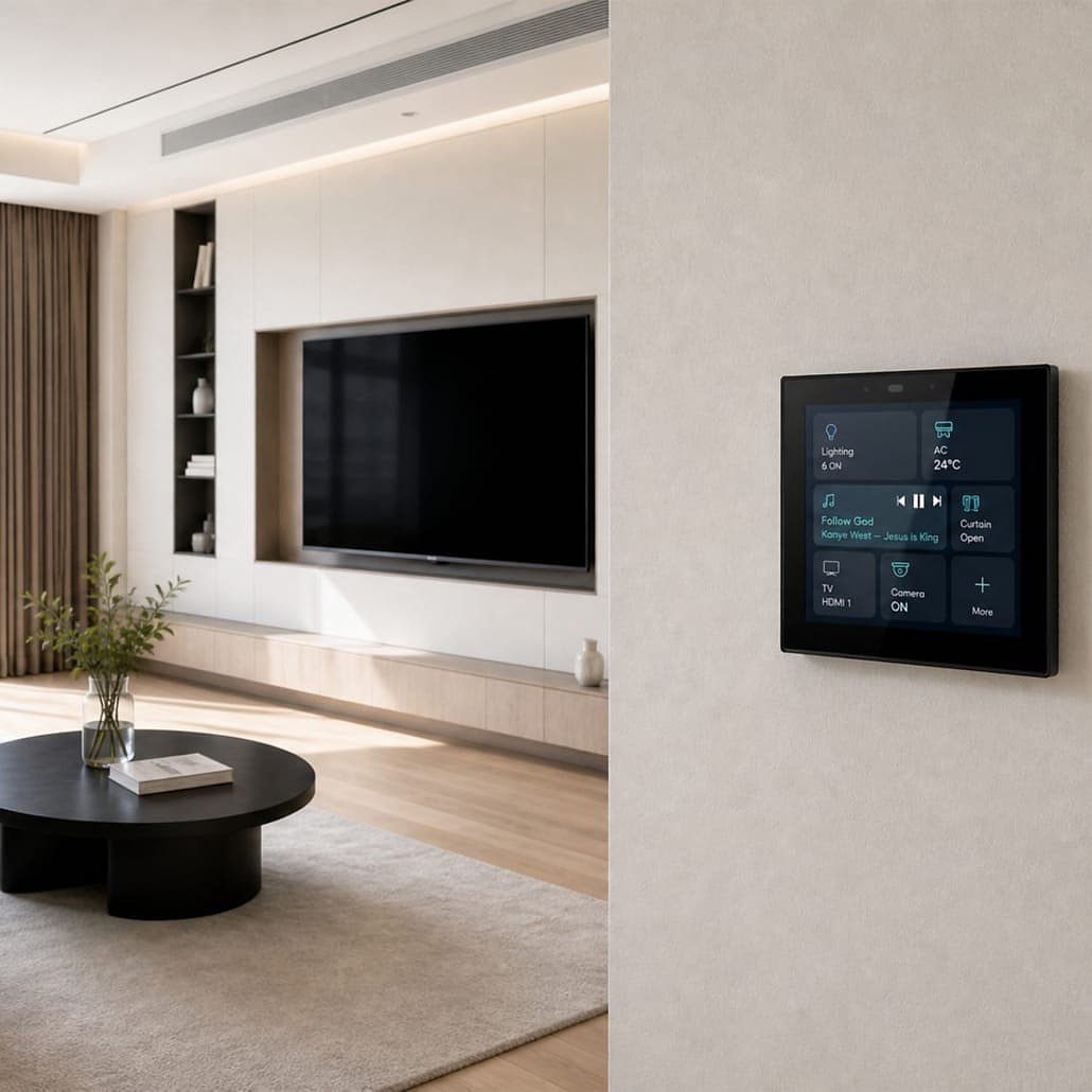 A living room media wall beside a wall-mounted touch panel showing lighting, AC, music and curtain controls